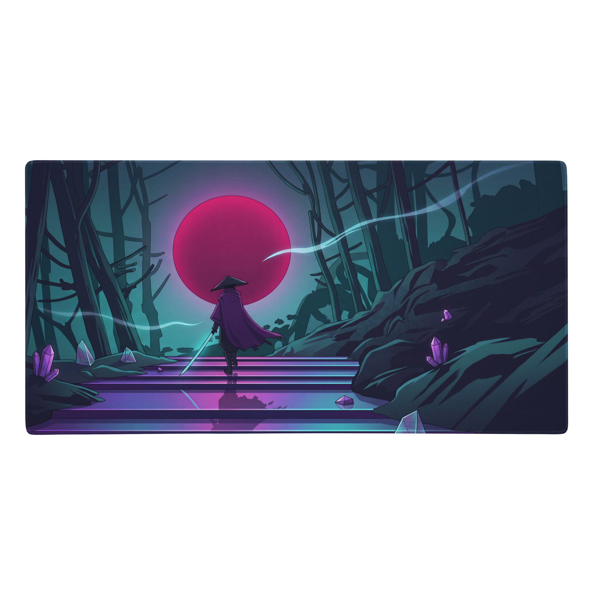 Vaporwave neon forest mouse pad with ninja theme vibrant red sun purple teal forest and glowing crystal accents for gaming