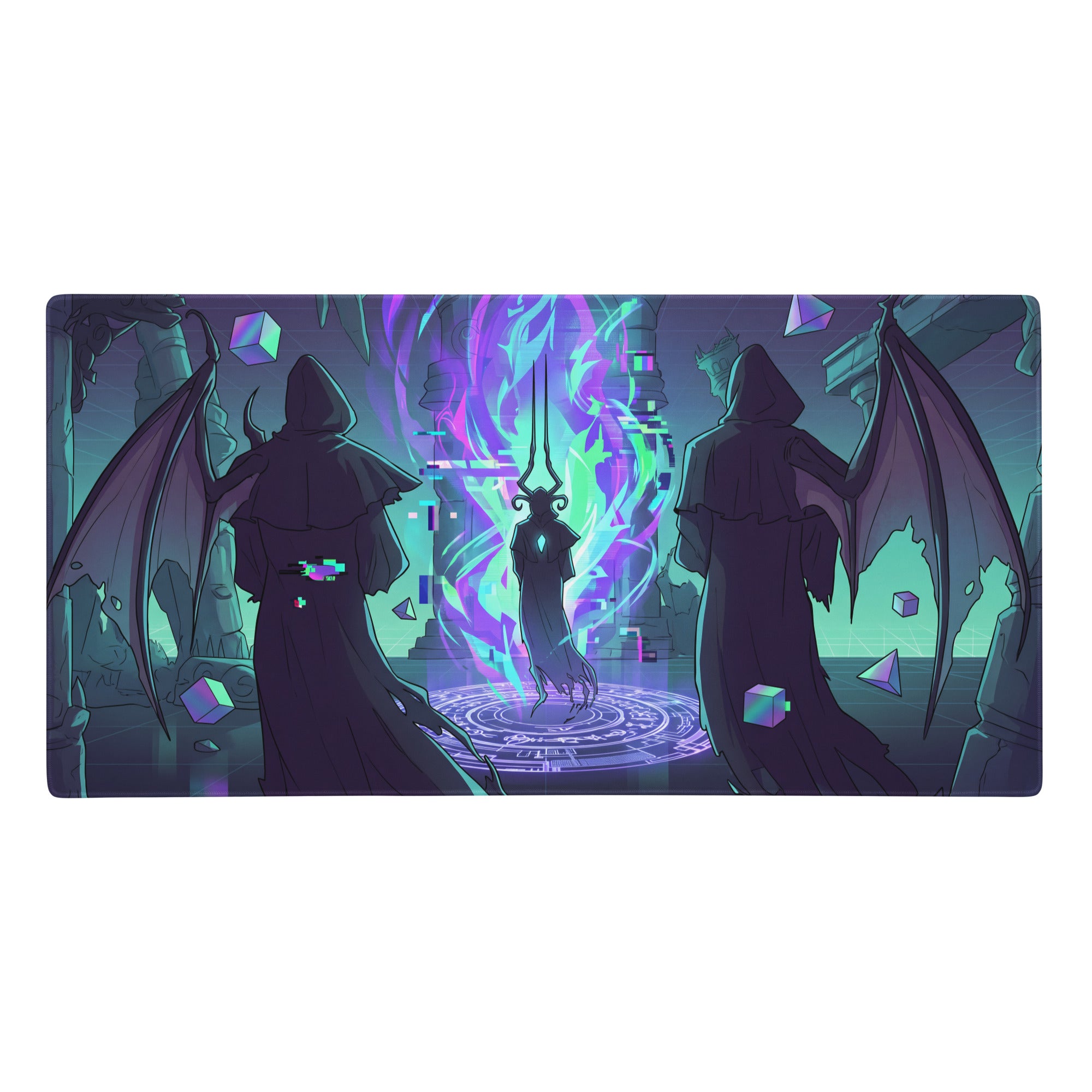 Rectangular gaming mouse pad with neon purple and teal dark fantasy scene featuring robed winged figures and glowing portal