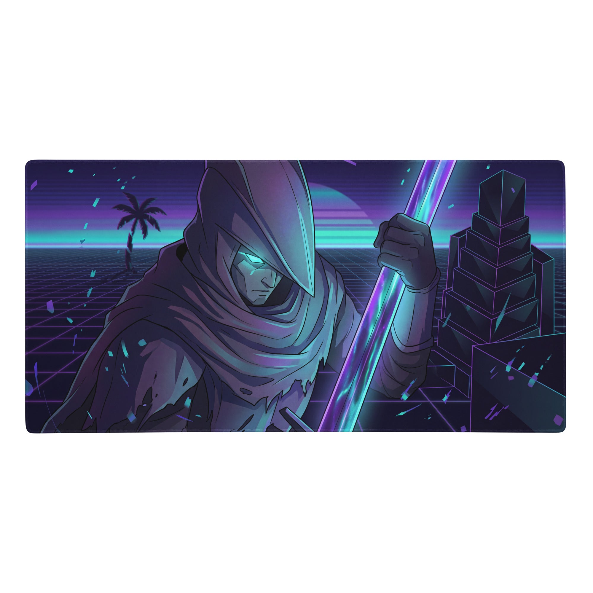 Nineteen-inch rectangular neon purple vaporwave gaming mouse pad with a cyberpunk hooded figure and energy sword design