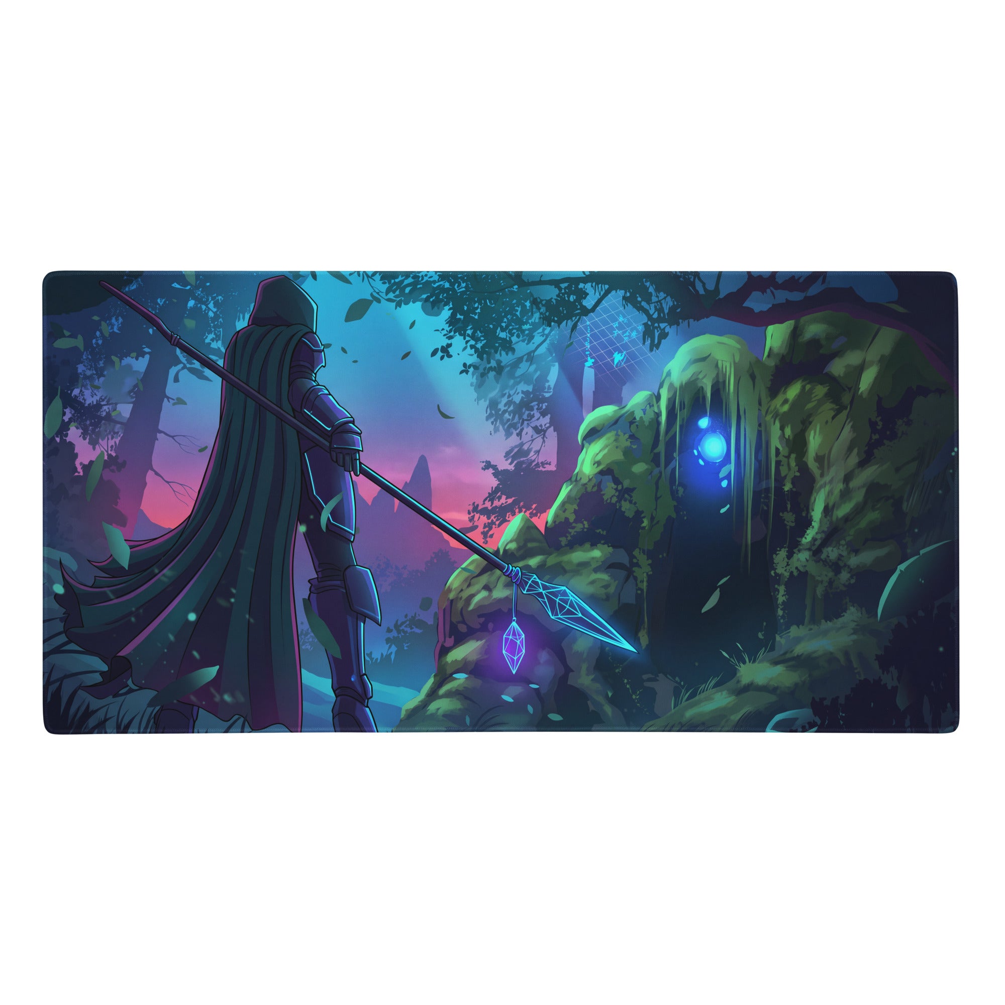 Neon vaporwave knight mouse pad featuring a dark armored hooded warrior with a glowing spear in a teal purple forest