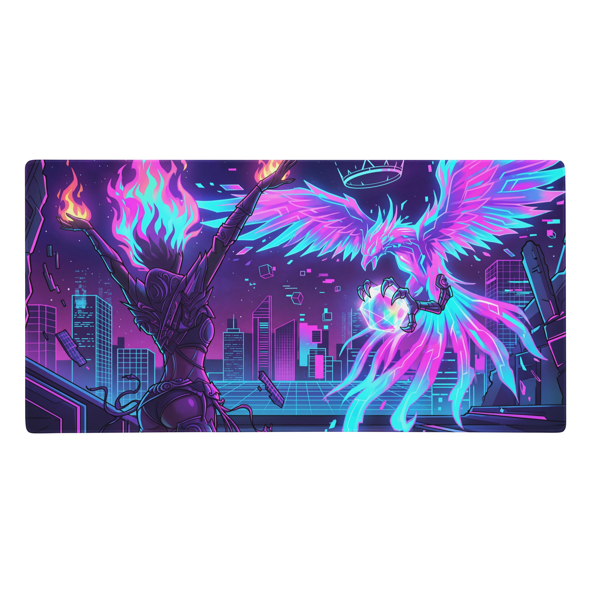 Neon vaporwave gaming mouse pad featuring neon-pink and cyan winged phoenix battling fiery figure on cyberpunk cityscape
