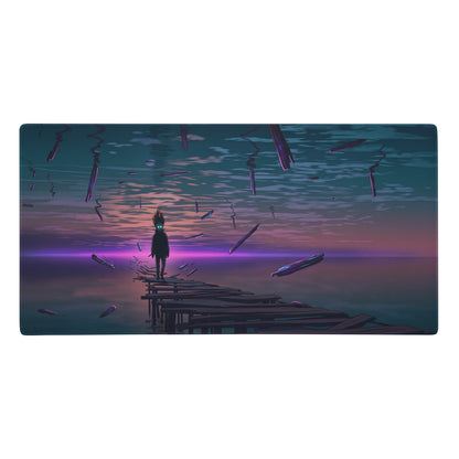 Vaporwave sunset desk mat mouse pad with teal purple surreal illustration of figure on pier and floating crystals
