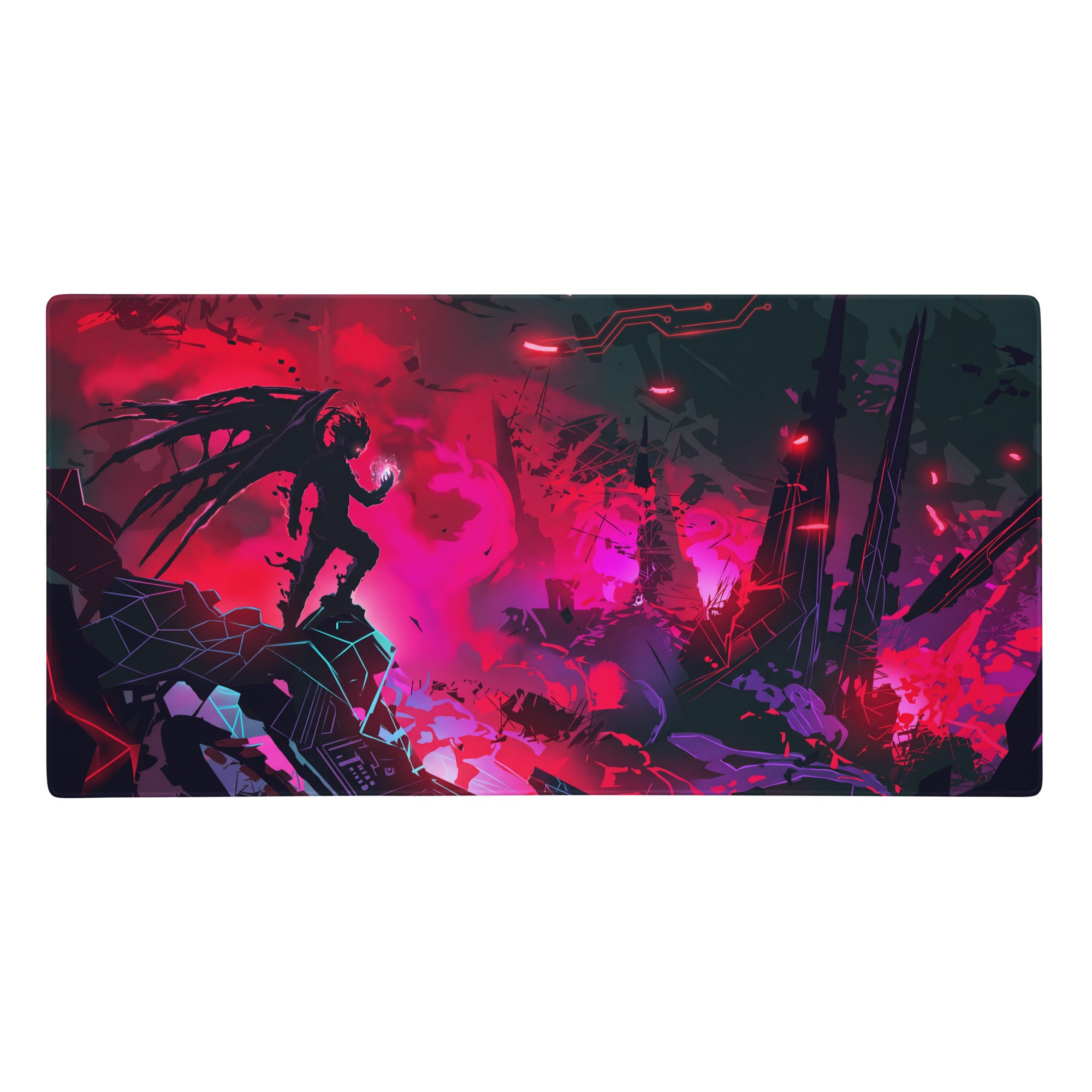 Rectangular vaporwave neon cyber mouse pad with vibrant red and purple cyberpunk illustration for gaming desks