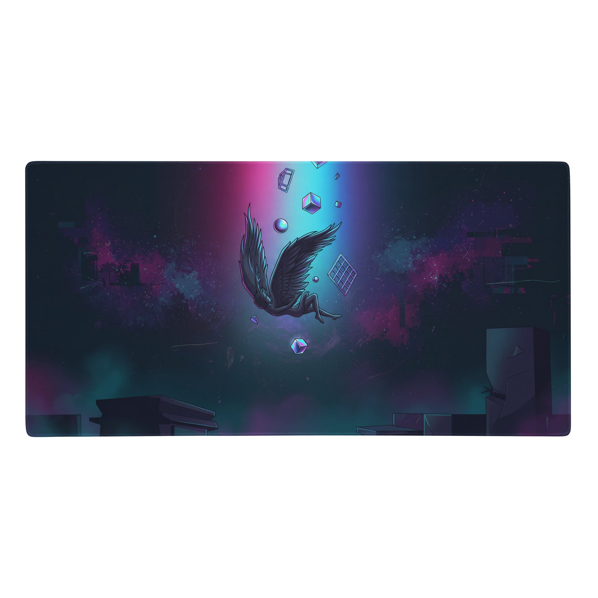 Vaporwave neon winged pixel pad gaming mouse pad with dark cosmic design and glowing purple and teal nebulae