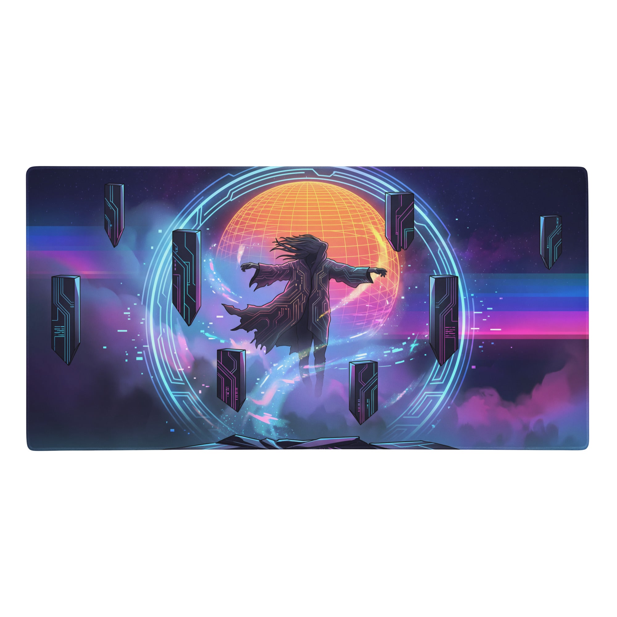 Retro neon vaporwave oversized mouse pad with glowing orange sphere dark robed figure and purple blue cosmic backdrop