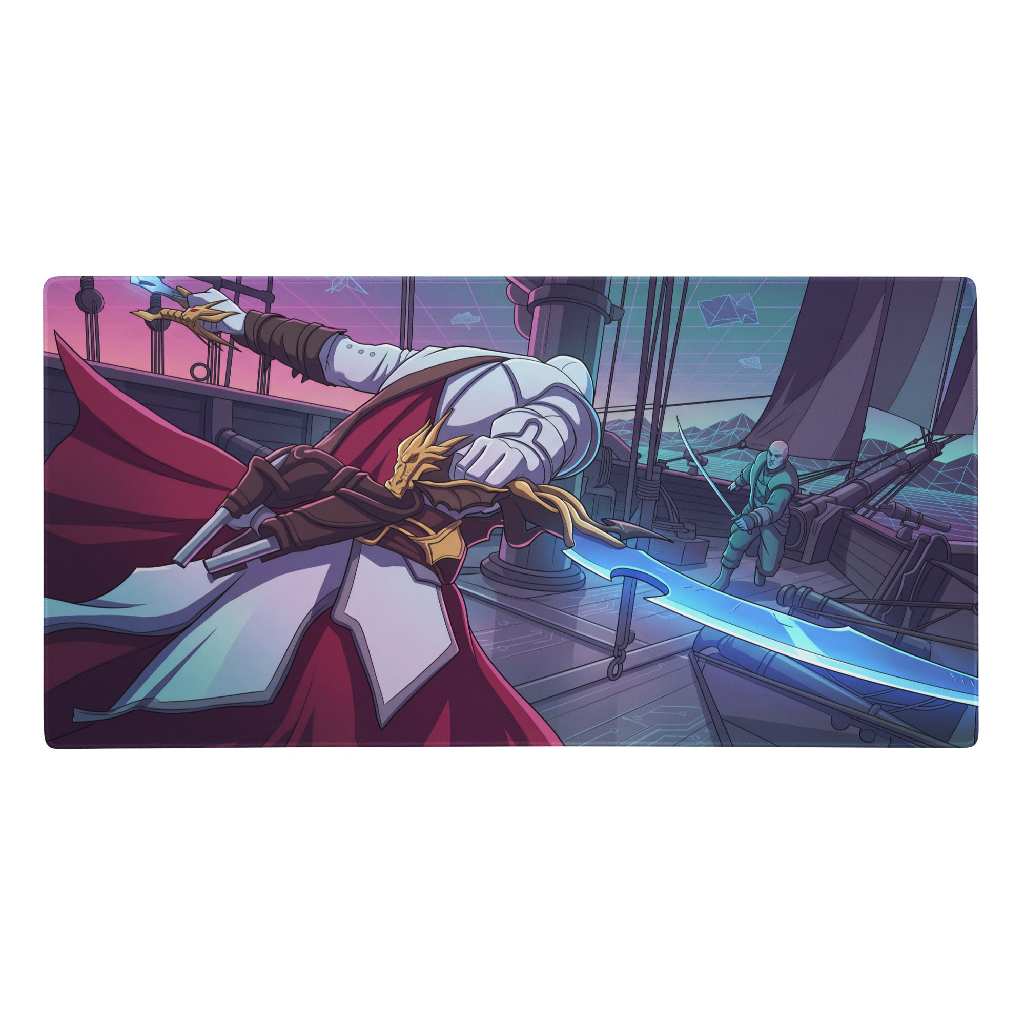 Rectangular gaming mat with anime knight in white armor and red cape holding blue sword on ship deck vaporwave design