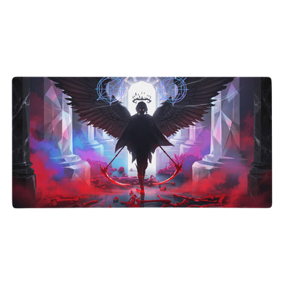 Rectangular Neon Vaporwave Wings mouse pad with dark-winged figure and glowing blue symbols in red purple cyberpunk chamber