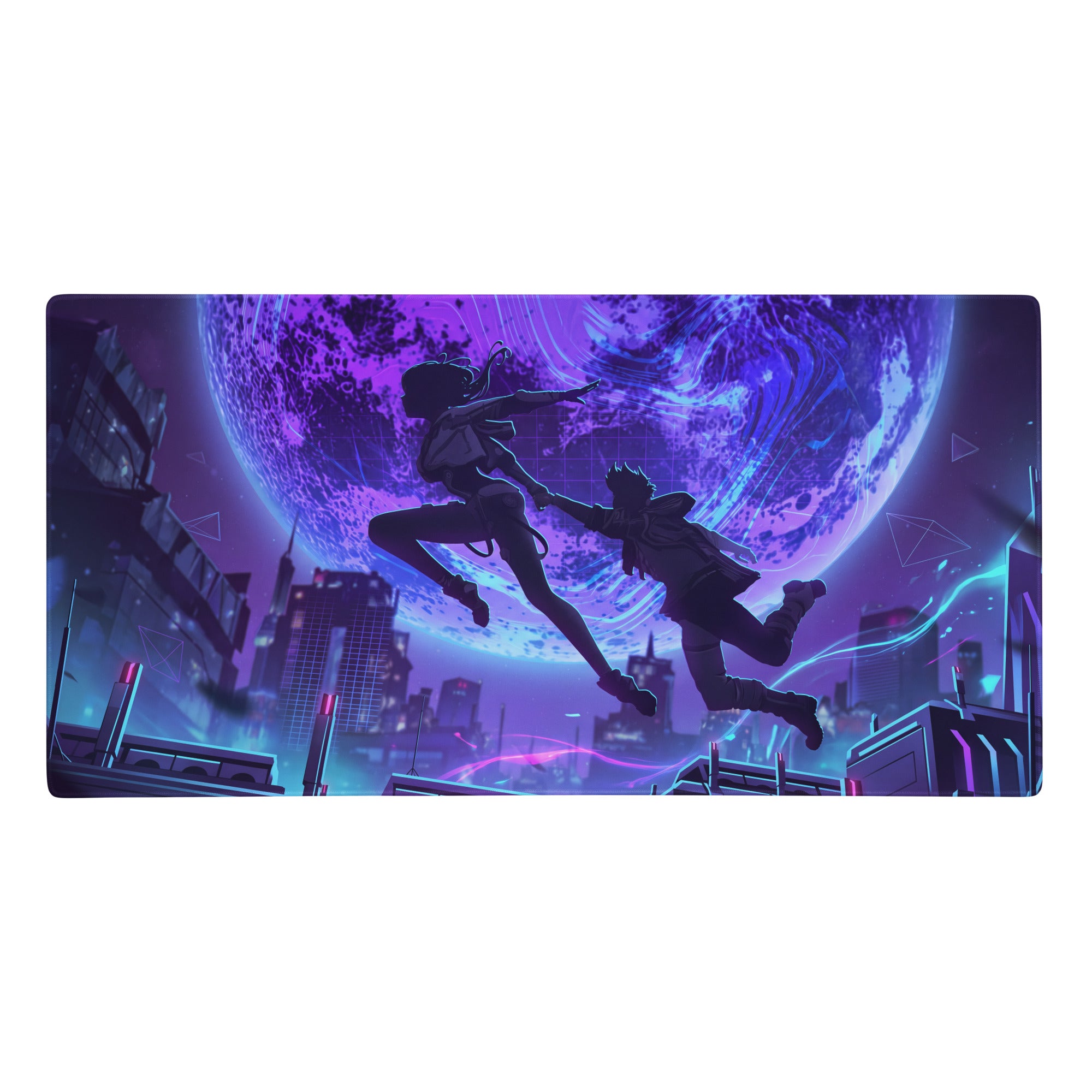 Neon mirage vaporwave mouse pad featuring a nebula-themed purple and blue cosmic backdrop with silhouetted characters