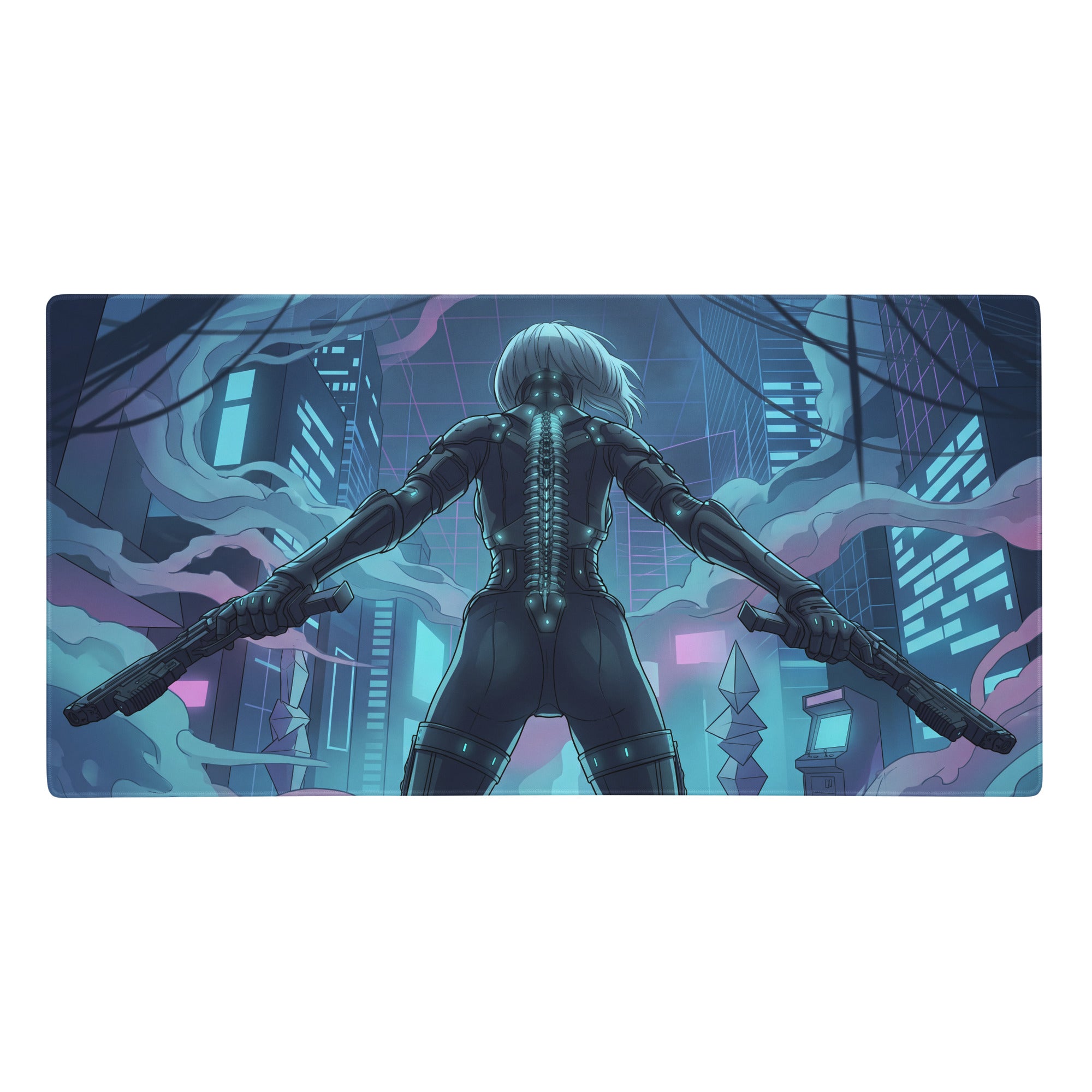 Rectangular neon vaporwave cityscape mouse pad with anime silver hair character in black armor holding guns in blue purple tones