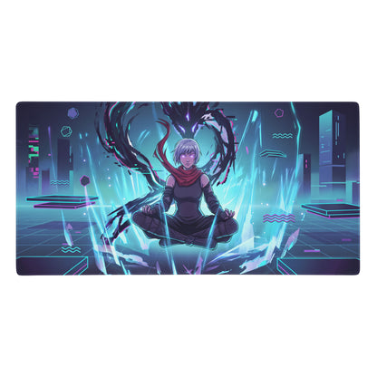 Nebula-themed vaporwave neon city gaming mouse pad with cyberpunk character in meditative pose glowing blue purple energy