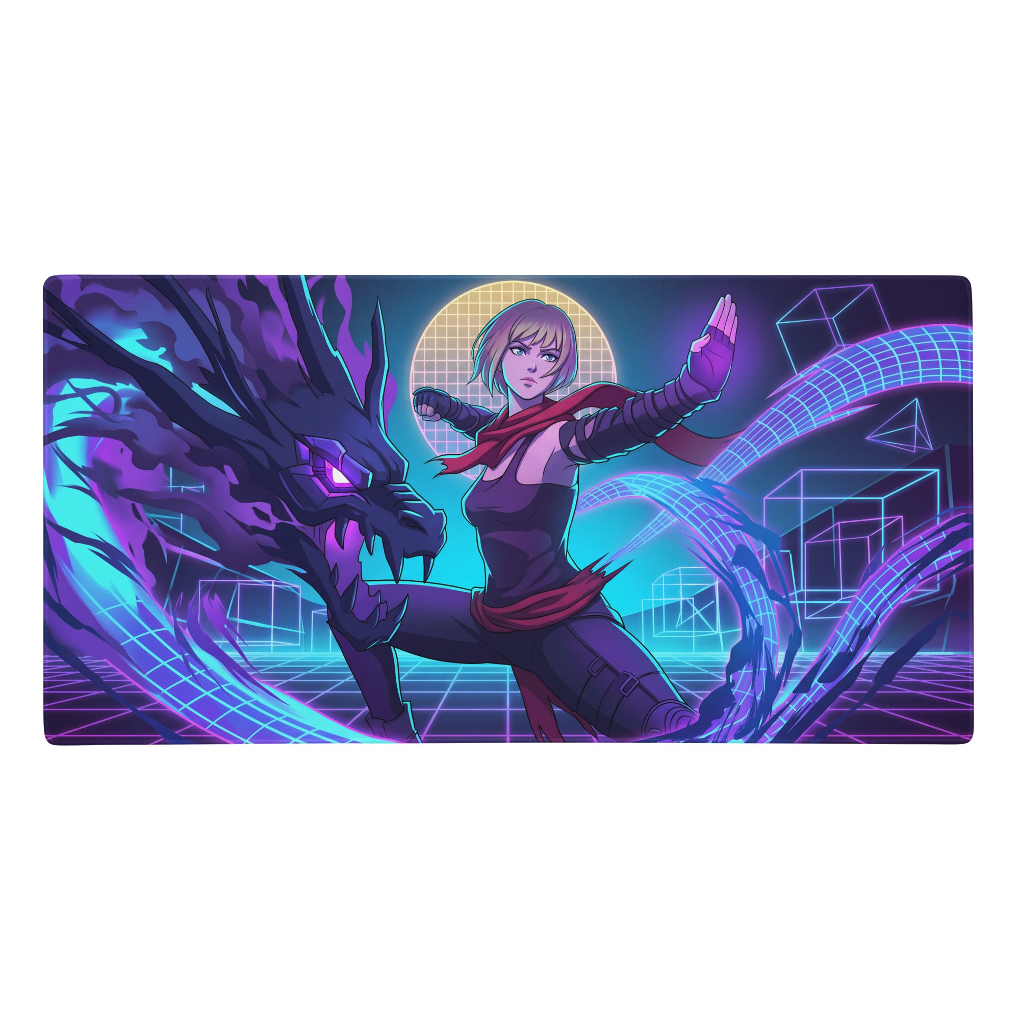 Vaporwave neon hero mouse pad with purple and blue neon stylized female warrior and digital dragon design