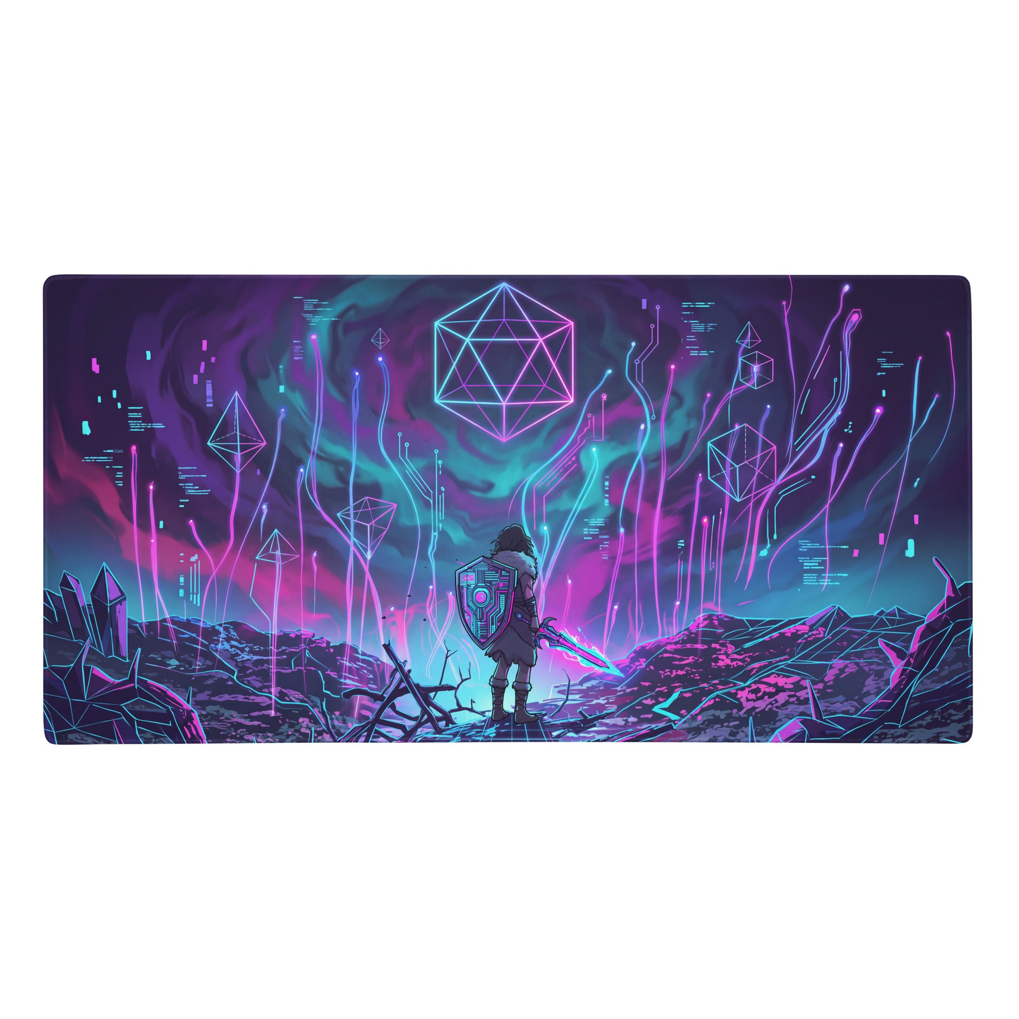 Neon vaporwave matrix mouse pad with neon pink and cyan digital art of a lone warrior and glowing crystals under a futuristic sky