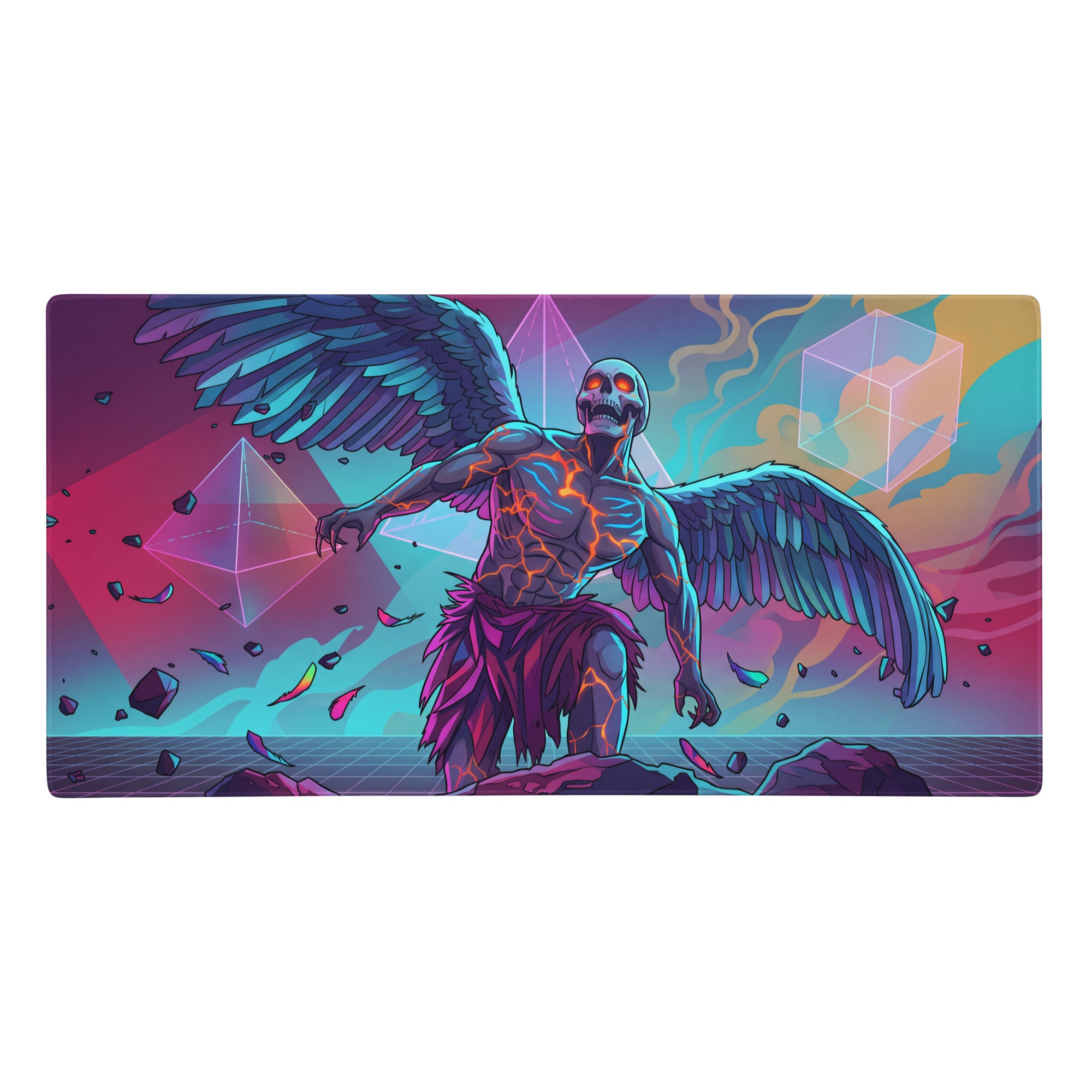A rectangular vaporwave winged skeleton mouse pad with neon purple angelic skeleton and glowing veins on a psychedelic backdrop