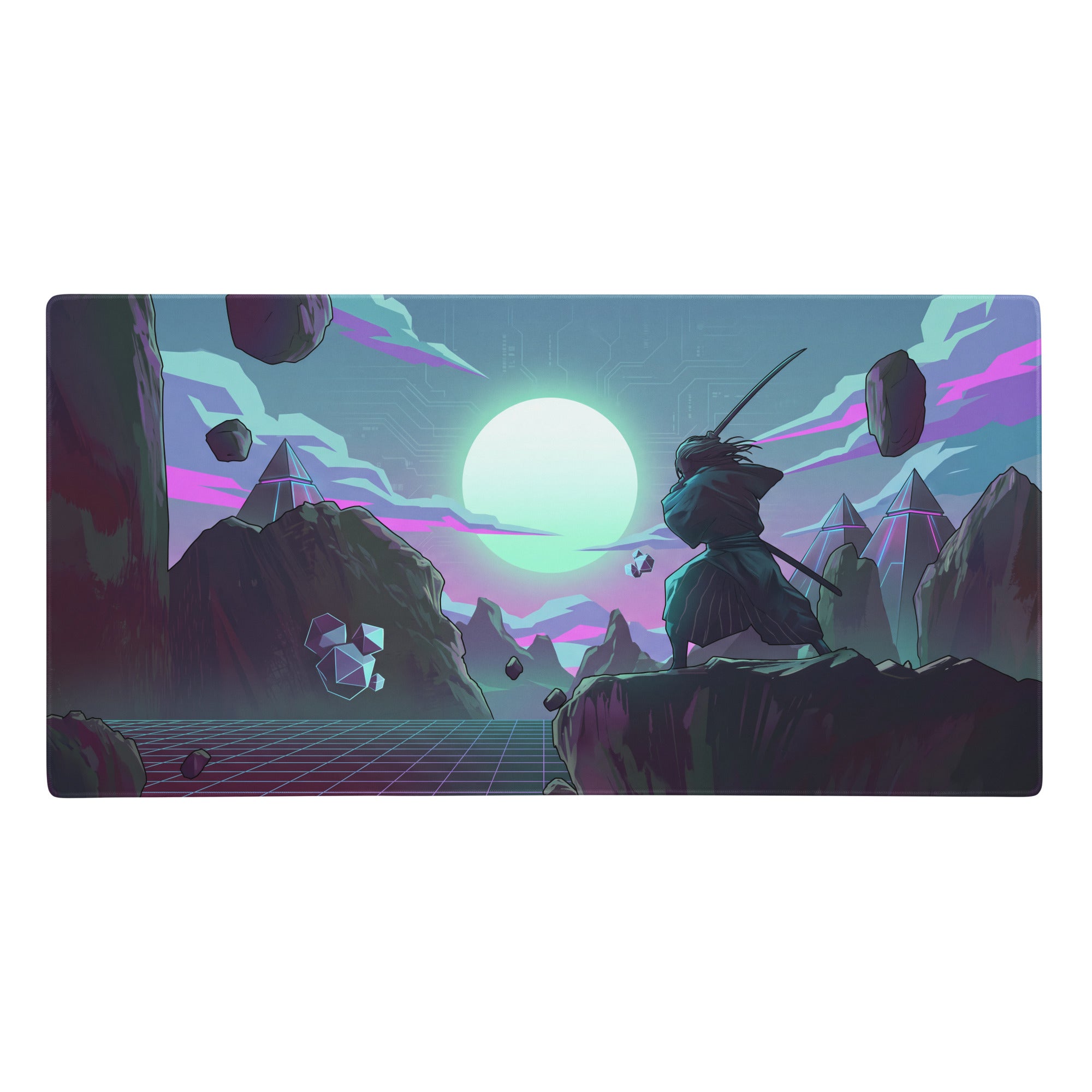 Vaporwave neon gaming desk mat featuring ninjago samurai design with neon pink and cyan cyberpunk landscape colors