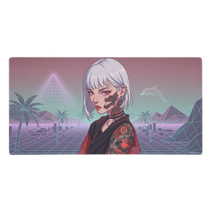 Rectangular vaporwave neon desk pad featuring a silver haired anime girl with tattoos and retro futuristic pyramids design