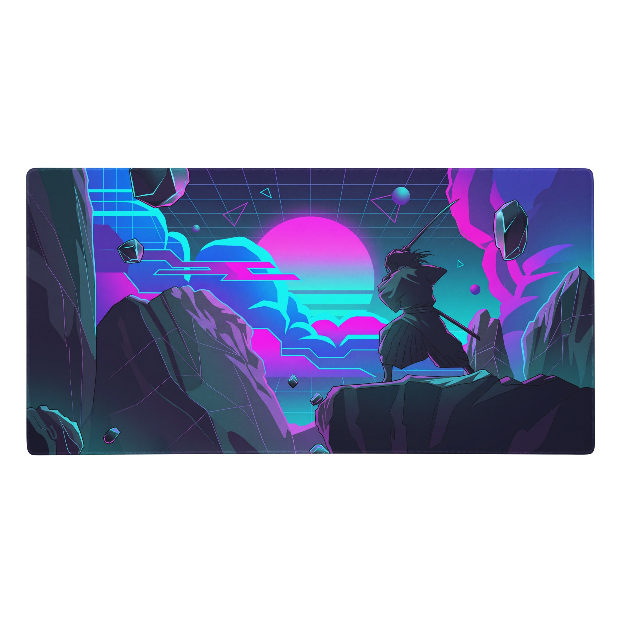 Neon vaporwave gaming mouse pad featuring a ninjago-themed neon pink cyan cyberpunk landscape with a lone ninja figure