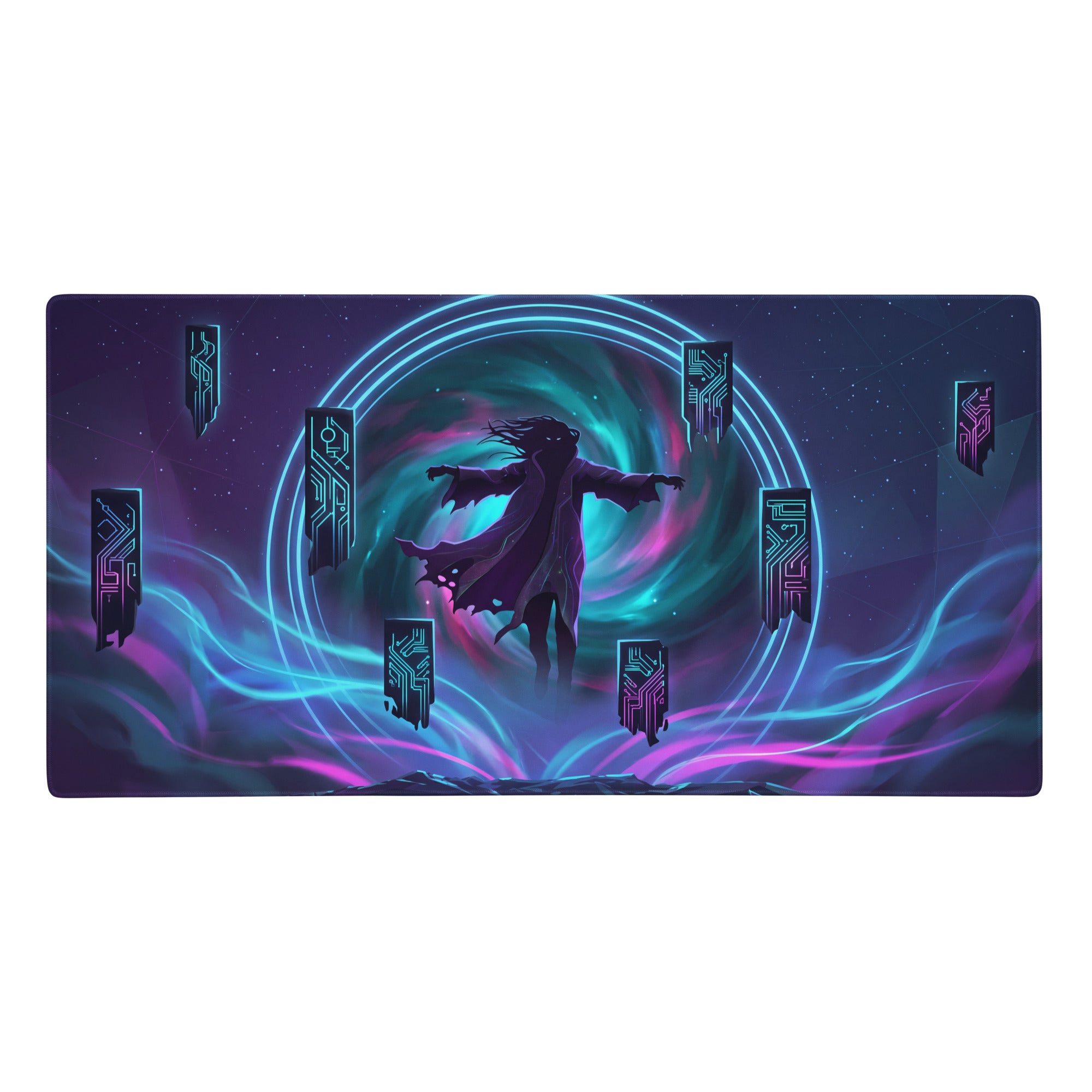 Vaporwave neon gaming mouse pad with cosmic scene dark-robed figure glowing blue purple energy rings on desk