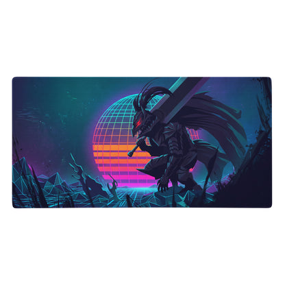 Nineteen-inch rectangular vaporwave dragon neon gaming mouse pad with dark armored dragon and cyberpunk synthwave design