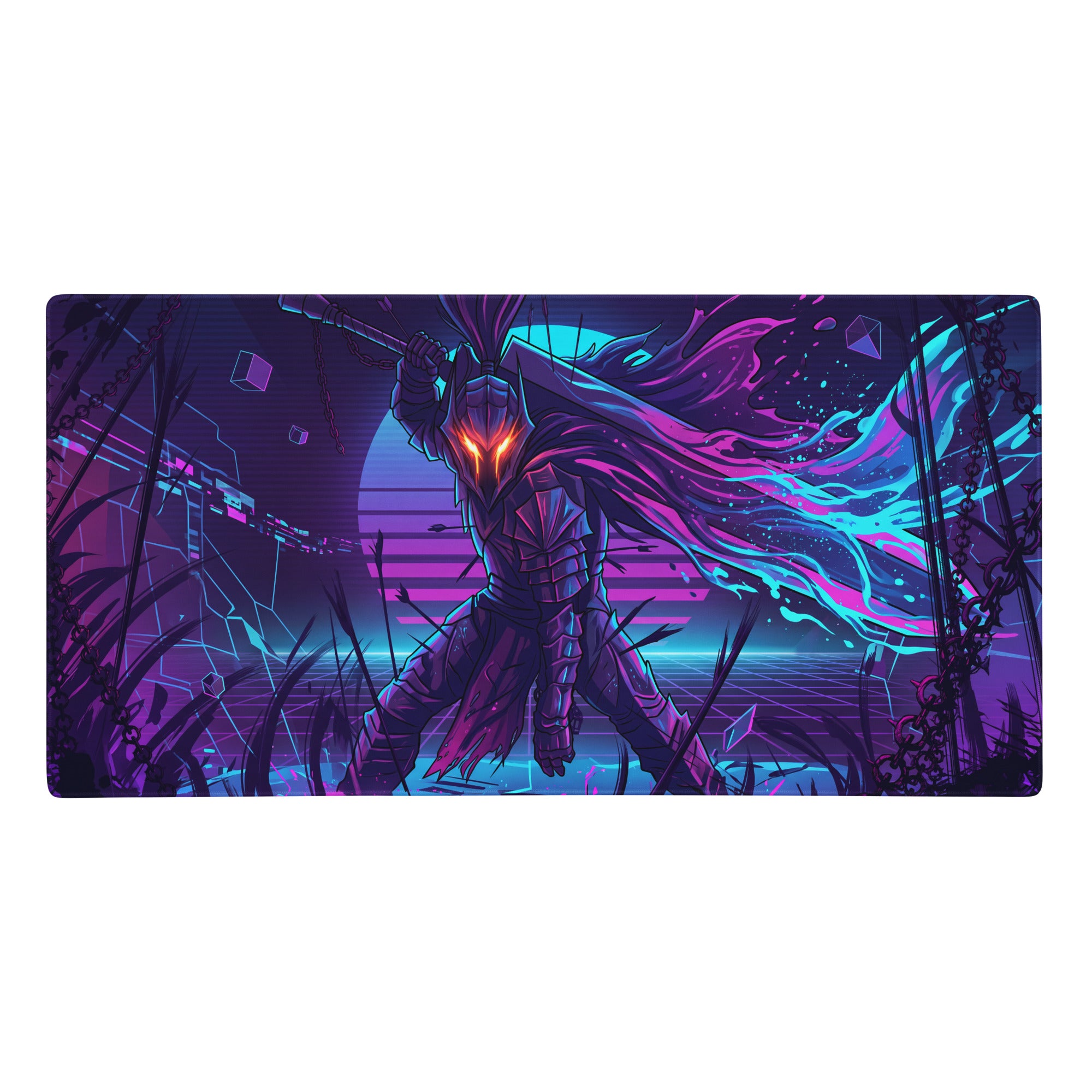 Neon knight vaporwave mouse pad featuring a glowing red-eyed armored warrior with purple cyan energy effects