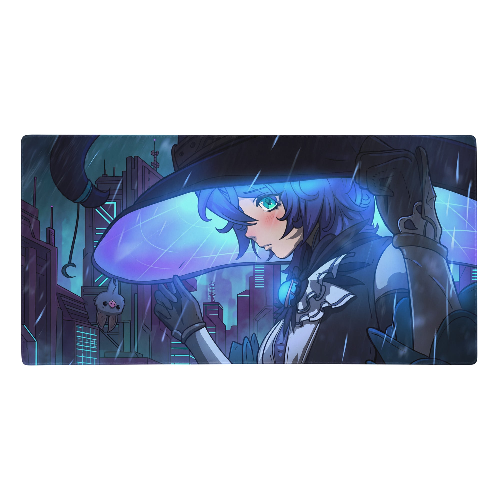 Vaporwave neon city gamer pad mouse pad with blue and purple glowing umbrella held by anime character in rainy cityscape