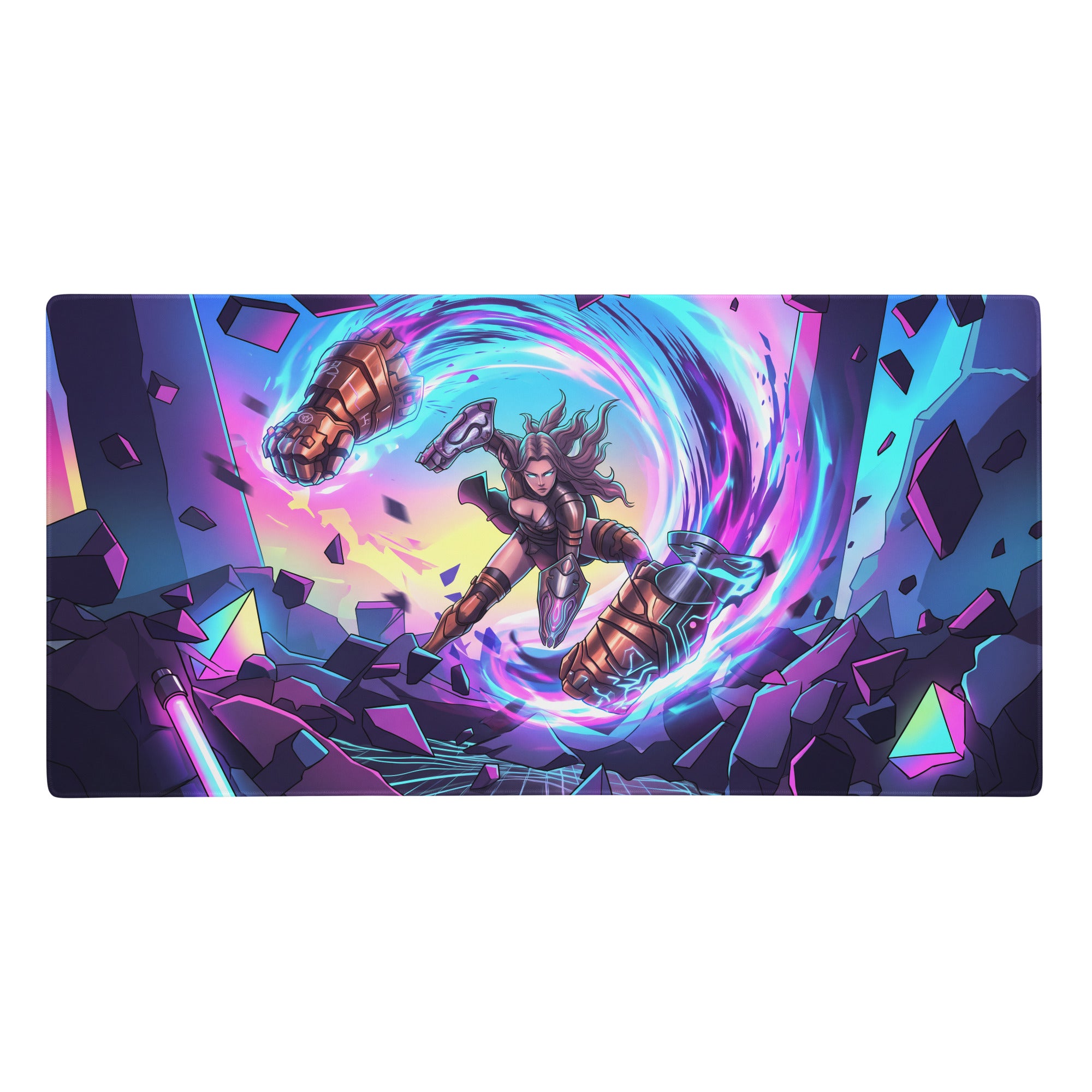 Vaporwave neon warrior mouse pad featuring vibrant neon pink and blue energy swirls with a female armored warrior design