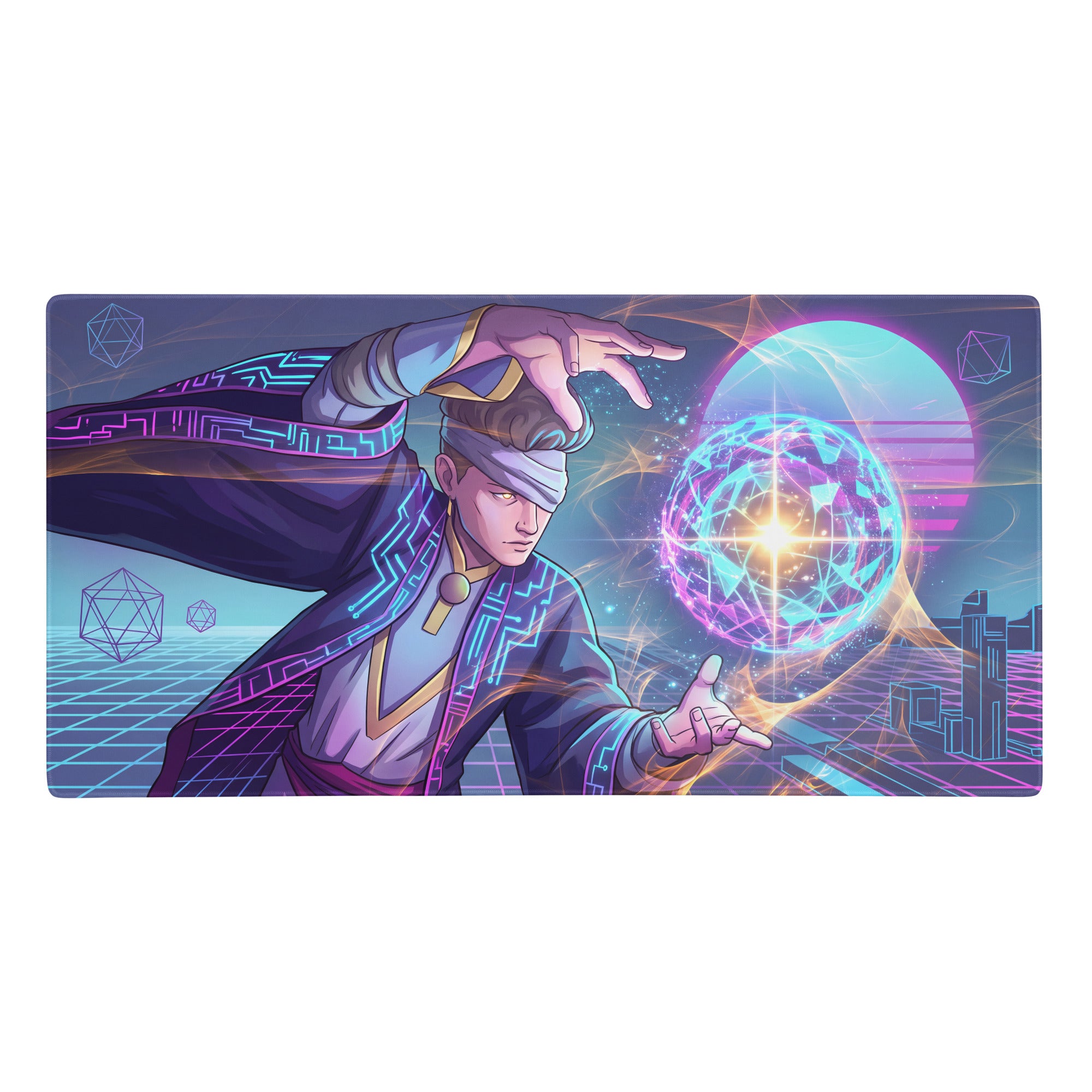 Vaporwave neon mage mouse pad featuring neon pink and blue cyberpunk design with glowing robes and radiant energy sphere