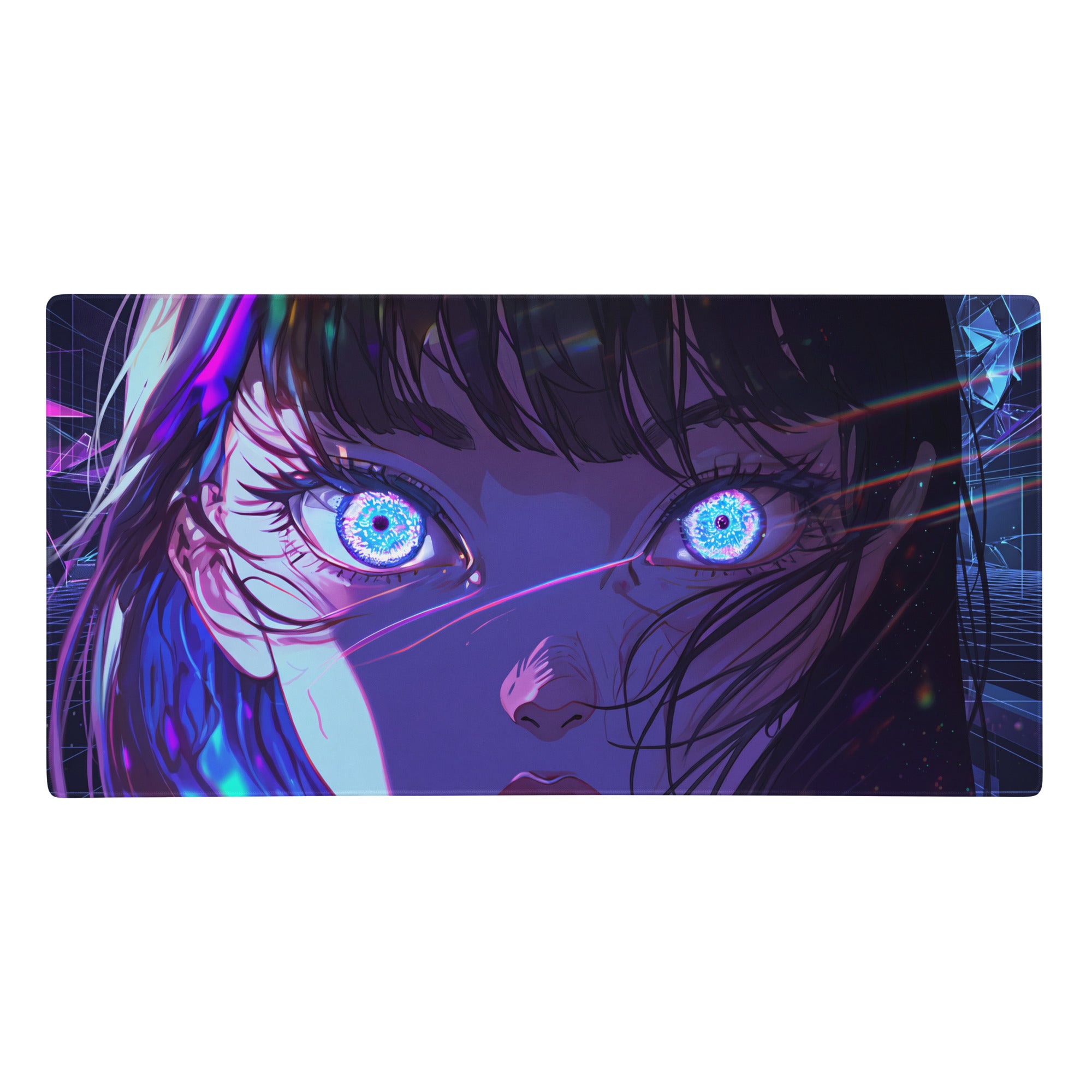 Narrow rectangular vaporwave neon anime mouse pad with vibrant purple and blue cyberpunk girl illustration for gaming desk