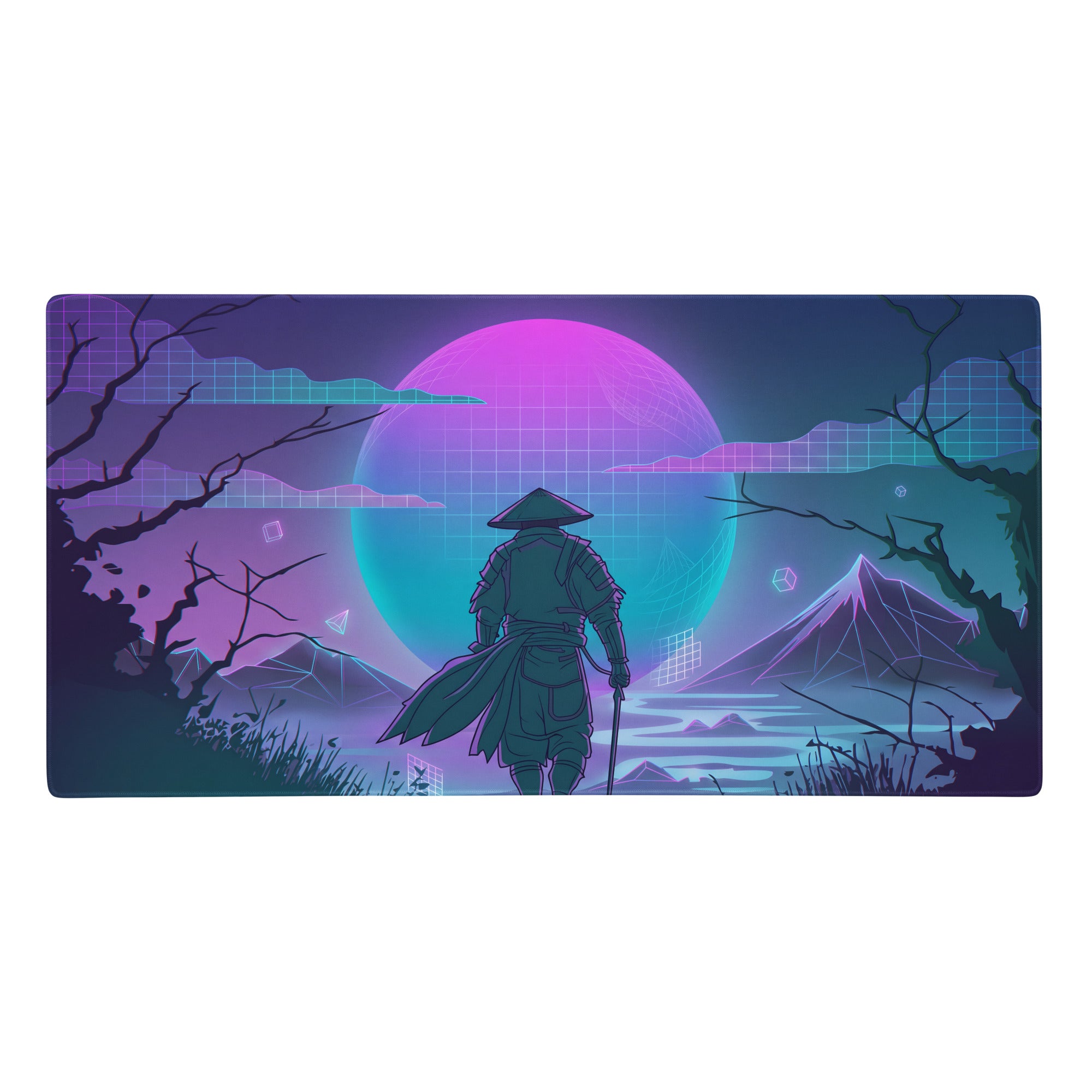 Nostalgic cyberpunk-themed rectangular gaming mouse pad featuring a samurai with neon purple and teal moon gradient