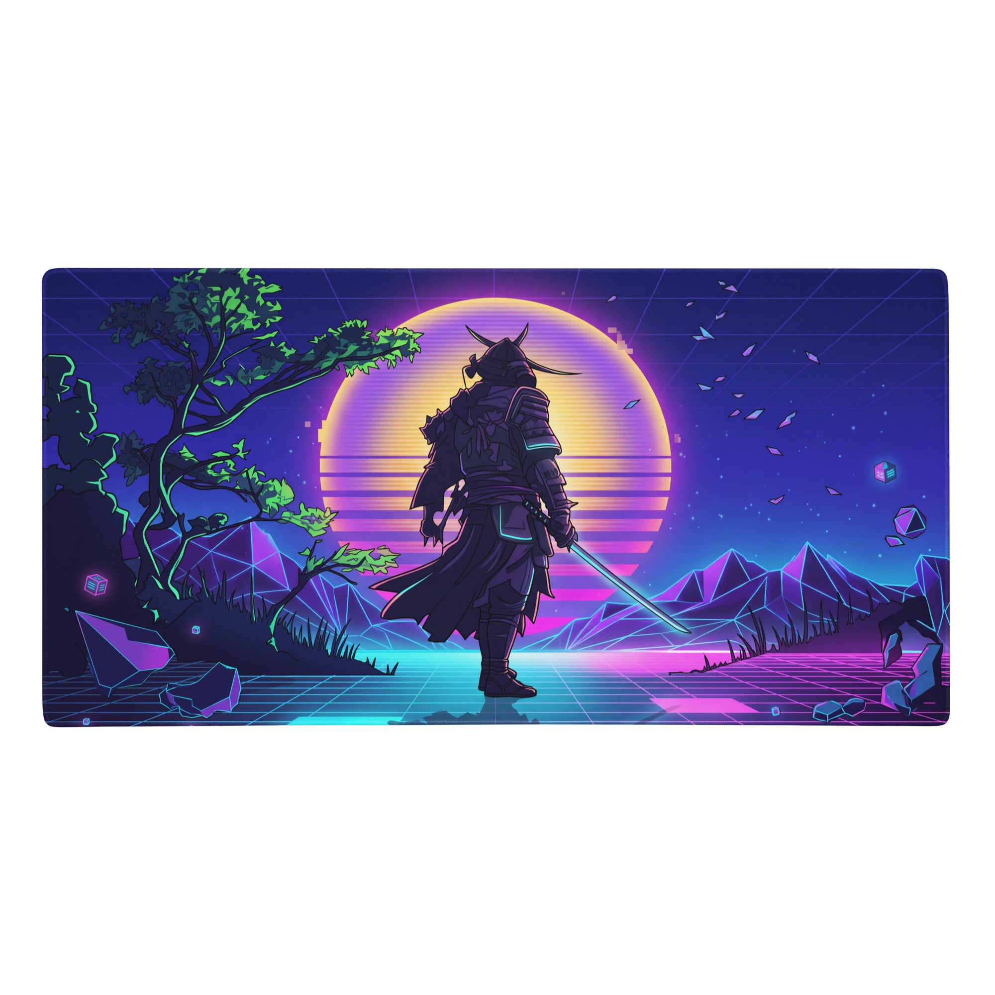 Vaporwave neon warrior mouse pad featuring a samurai figure before a glowing pixelated sunset in purple and orange hues