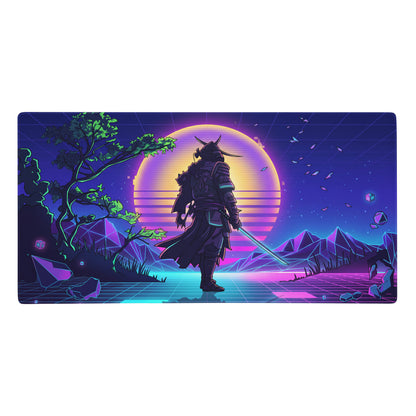 Vaporwave neon warrior mouse pad featuring a samurai figure before a glowing pixelated sunset in purple and orange hues