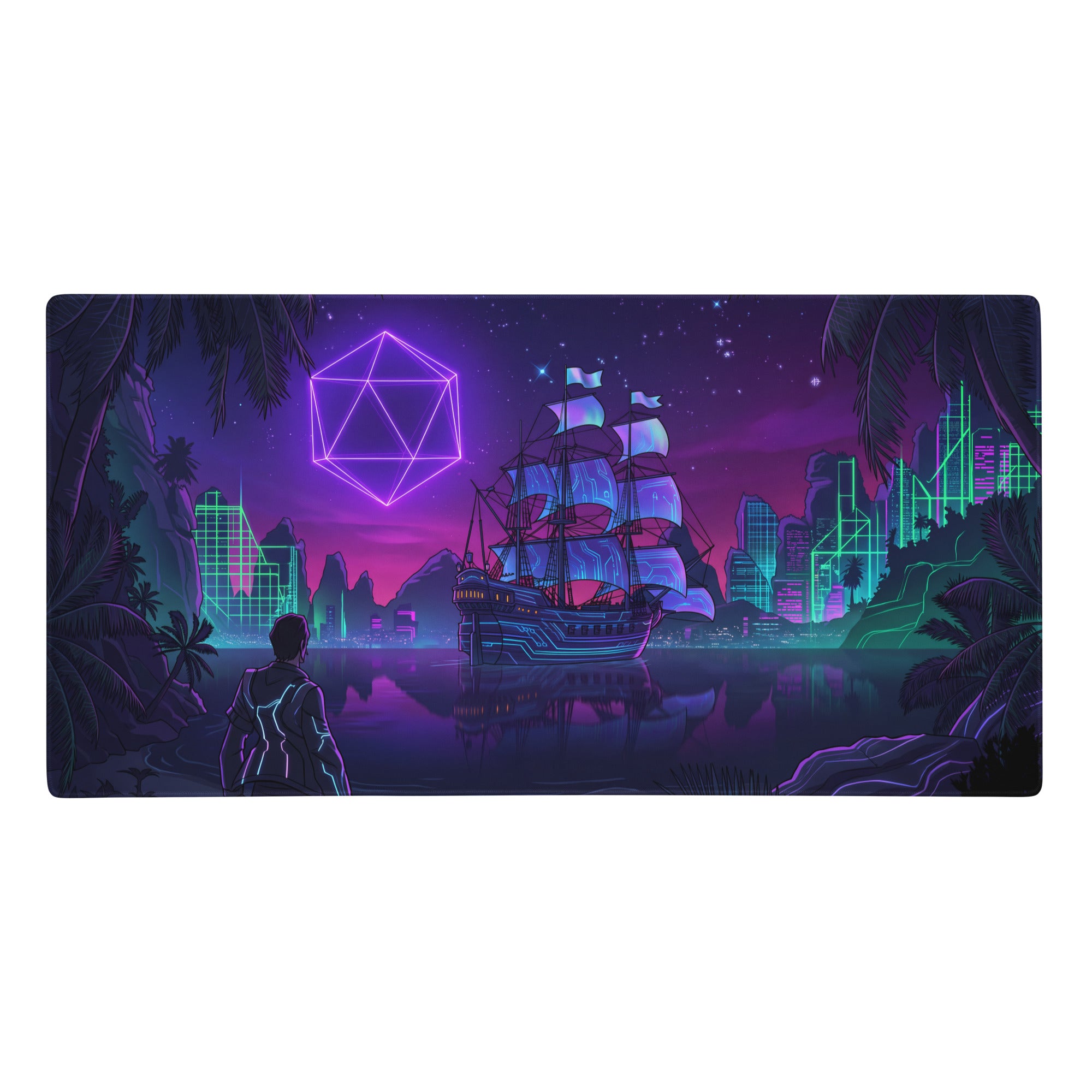 Vaporwave neon ship pad gaming mouse pad with glowing purple dodecahedron futuristic ship and neon cityscapes