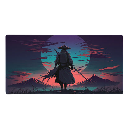Rectangular gaming mousepad with a neon samurai silhouette against a purple pink teal vaporwave sunset design