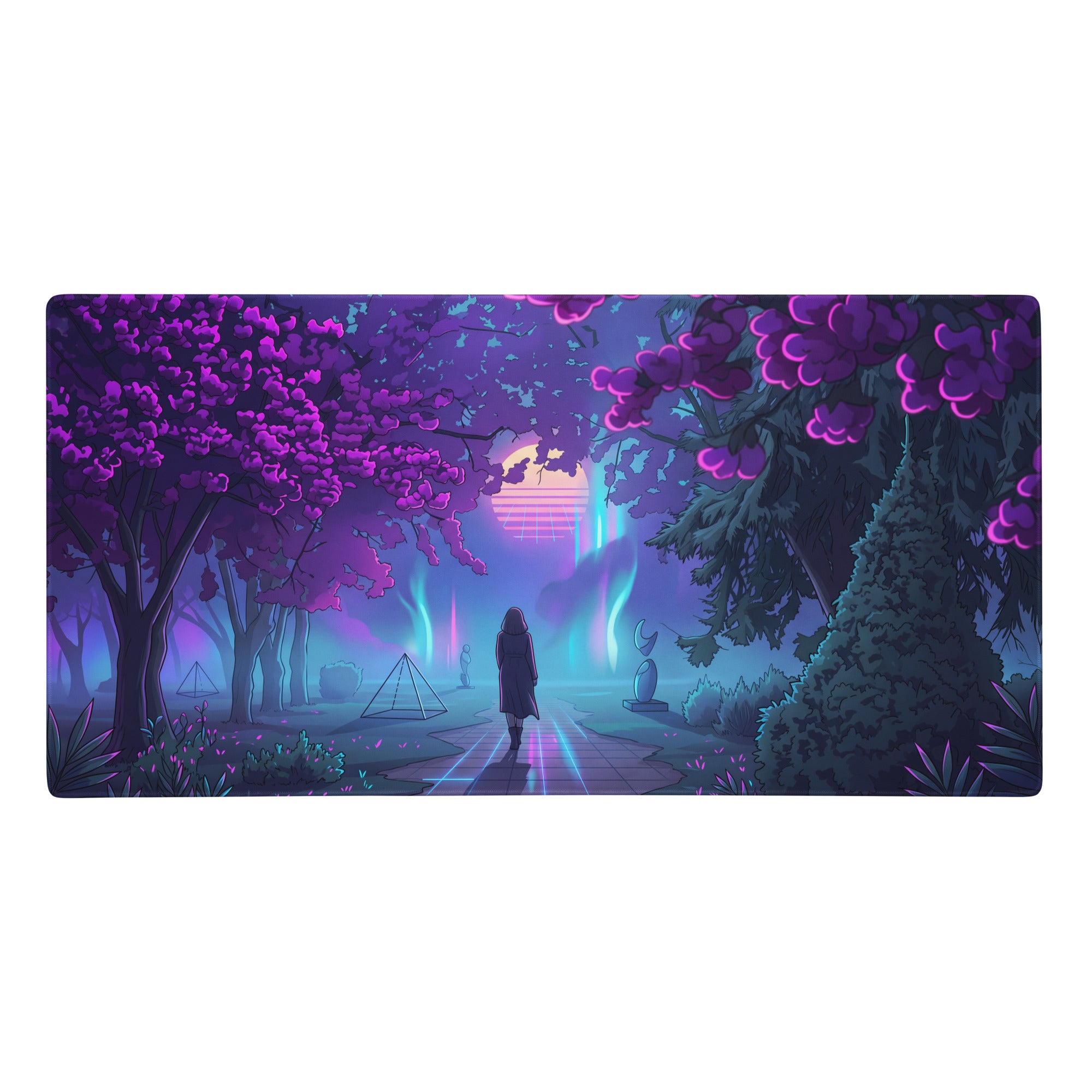 Vaporwave neon garden gaming mouse pad with nebula themed purple blossoms neon cyan paths and sunset figure design
