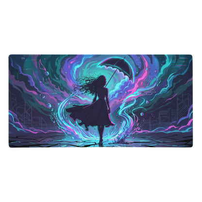 Vaporwave neon night mouse pad with vibrant neon purple and cyan digital art of woman silhouette holding umbrella
