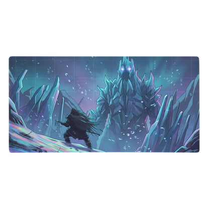 A rectangular vaporwave ice fortress gaming mat with a neon blue cyan purple design of a warrior versus crystalline monster