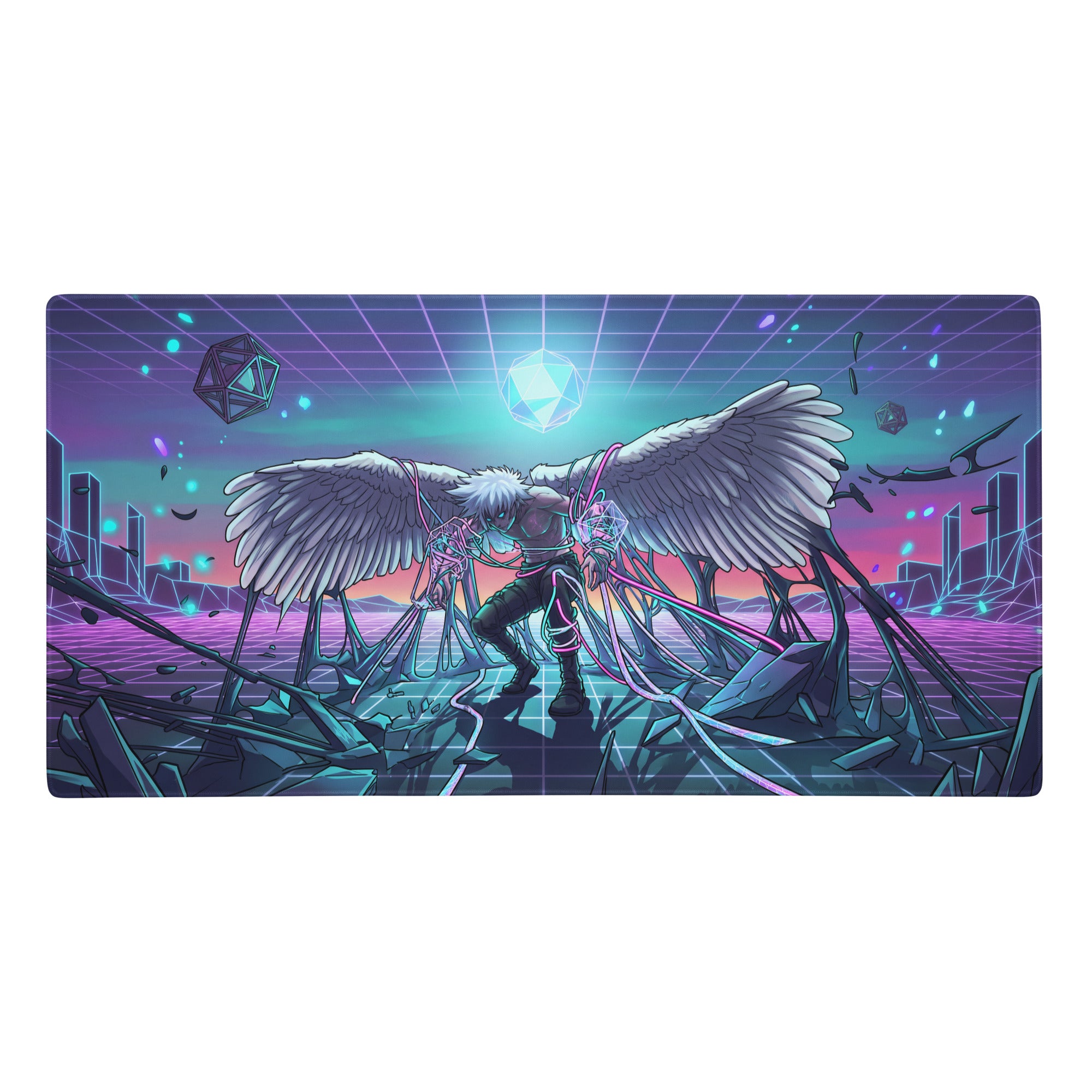 Neon wings vaporwave mouse pad in purple pink and cyan featuring a winged figure with neon grid and geometric shapes