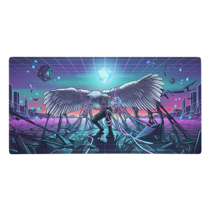 Neon wings vaporwave mouse pad in purple pink and cyan featuring a winged figure with neon grid and geometric shapes