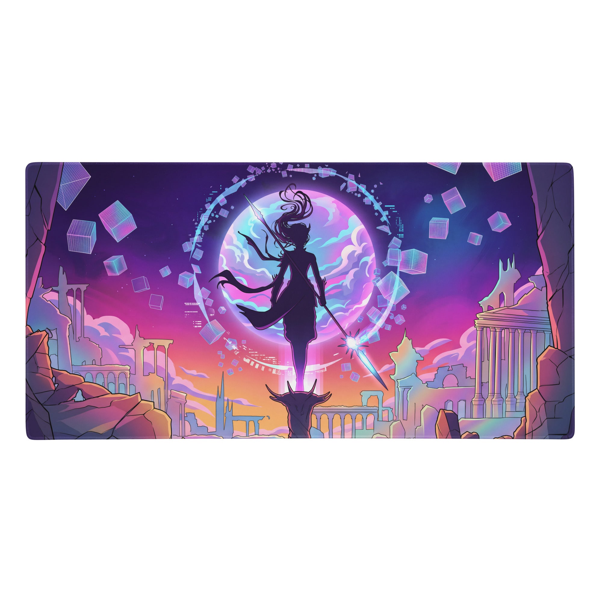 Neon vaporwave cityscape mouse pad with vibrant neon purple and pink warrior silhouette on bull head design