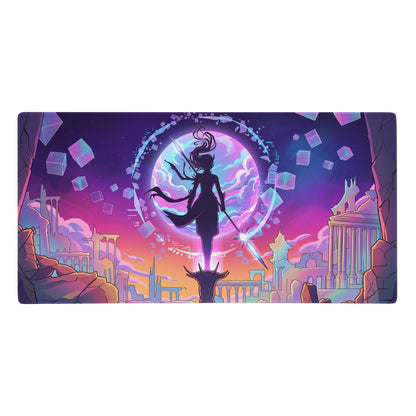 Neon vaporwave cityscape mouse pad with vibrant neon purple and pink warrior silhouette on bull head design