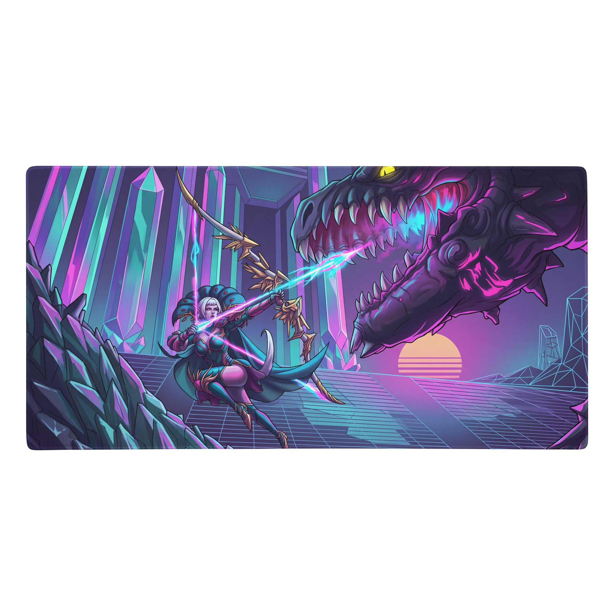 Vaporwave dragon neon mouse pad features a nebula-themed digital art of a fantasy warrior fighting a giant dragon in purple teal neon hues