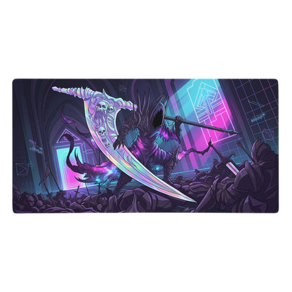 Neon grim reaper mouse pad with a neon pink and purple cyberpunk skeletal warrior holding a glowing iridescent scythe