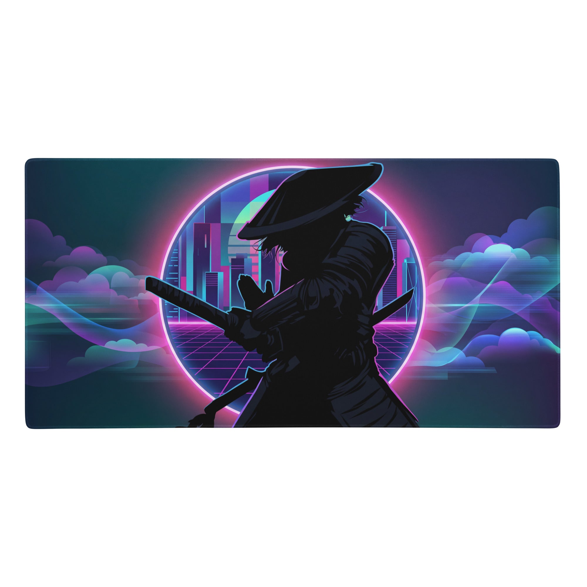 Neon pink and purple cyberpunk gaming mousepad with samurai silhouette and glowing cityscape for gamers desk use