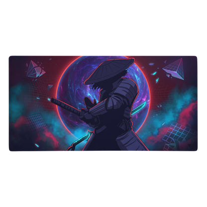 Neon vaporwave samurai gaming mouse pad with dark silhouette, glowing neon sword, and cosmic purple blue red background