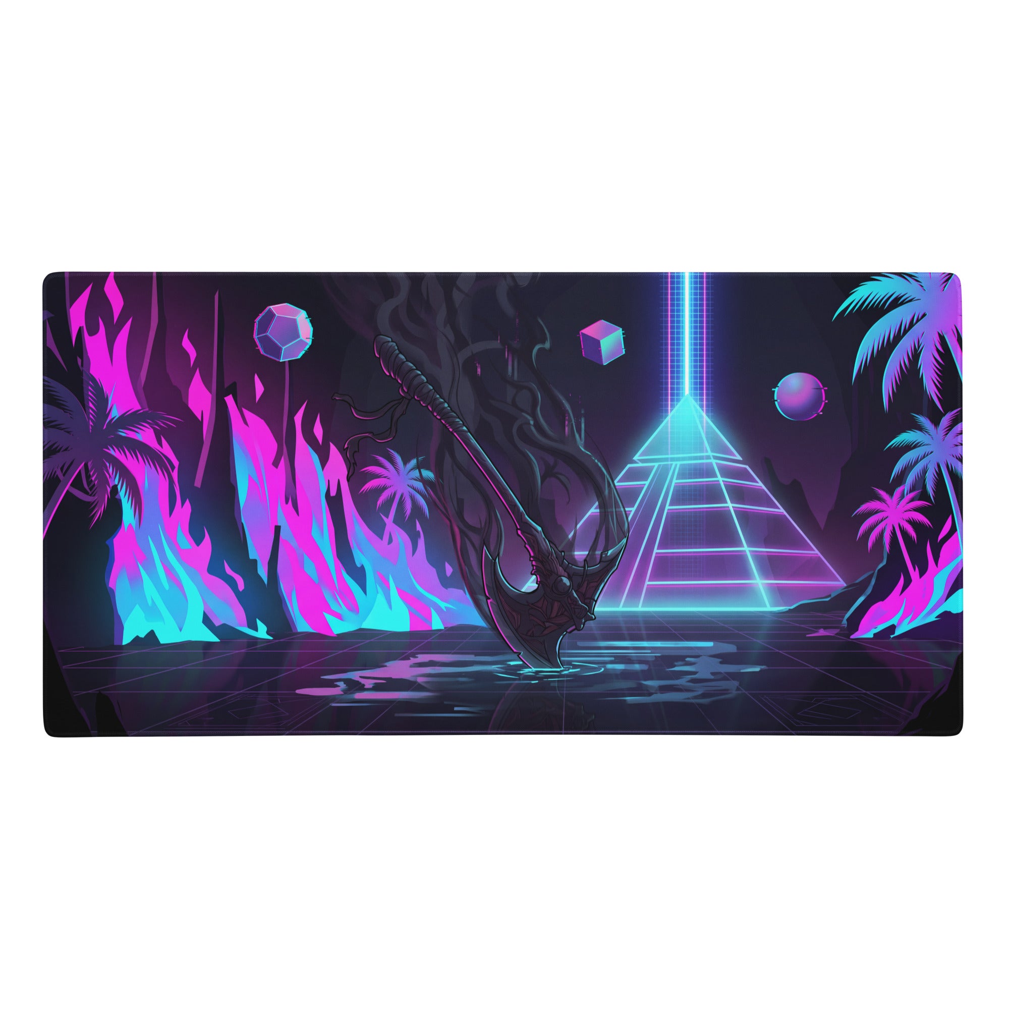 Neon pink and cyan digital art gaming mouse pad with a glowing pyramid, palm trees, and axe in a cyberpunk jungle scene