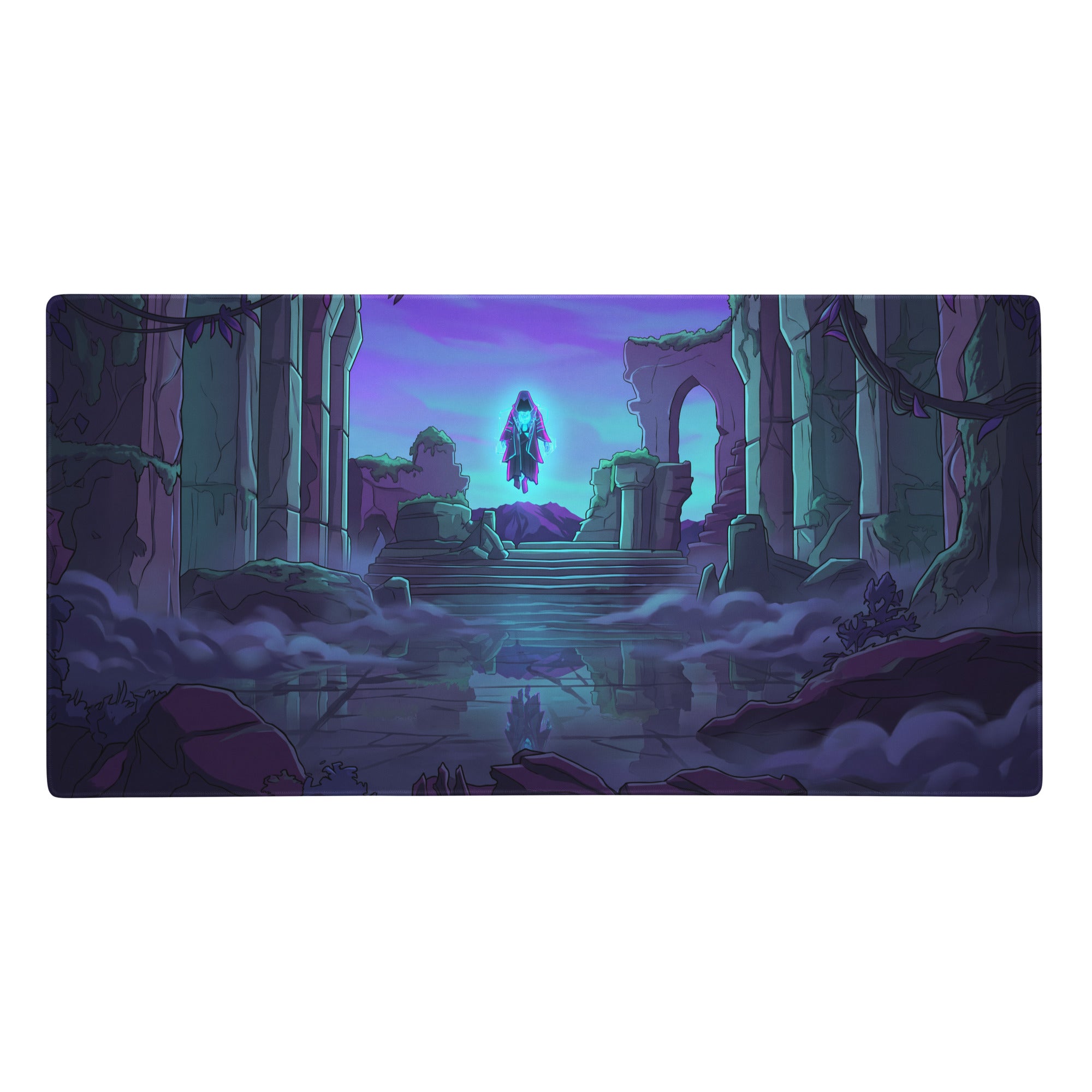 Neon vaporwave odyssey mouse pad with purple and teal design featuring a mystical figure above ancient ruins