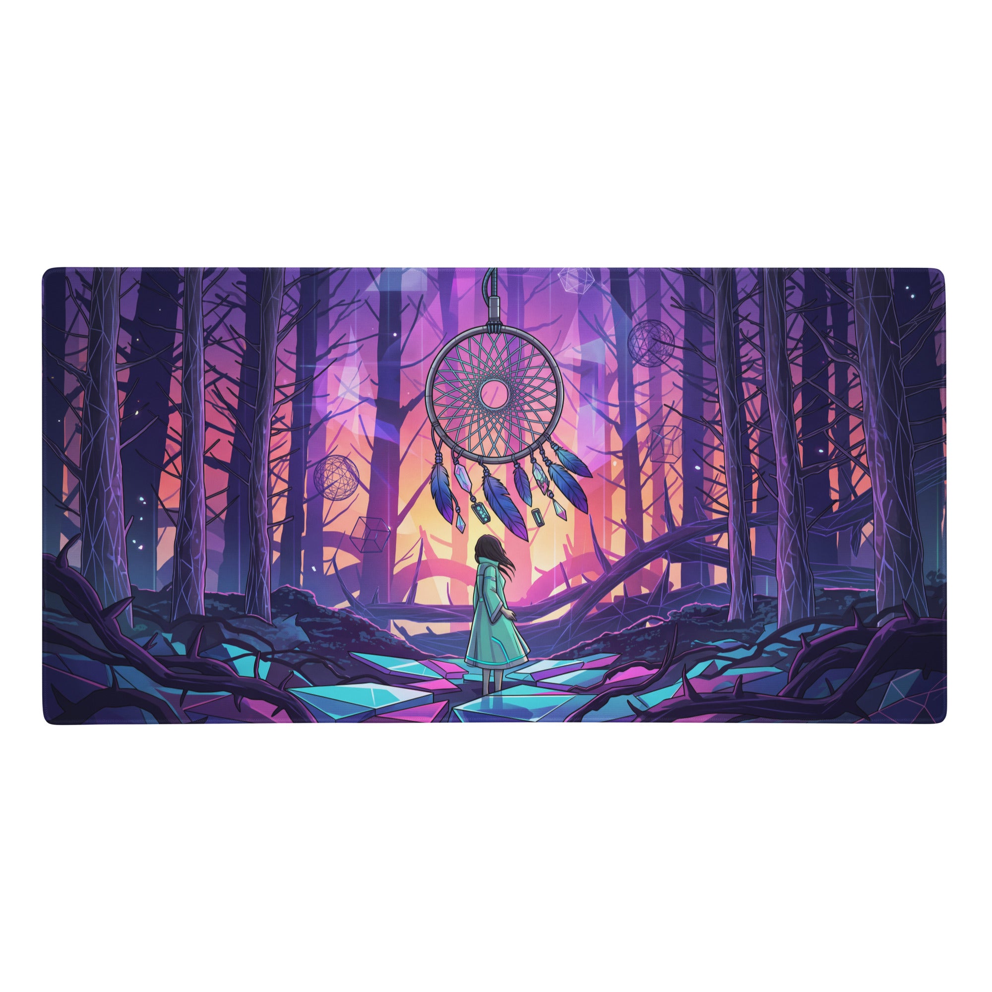 Dreamscape vaporwave mouse pad featuring a circular dreamcatcher with blue and purple feathers and dangling beads