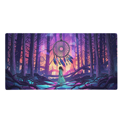Dreamscape vaporwave mouse pad featuring a circular dreamcatcher with blue and purple feathers and dangling beads