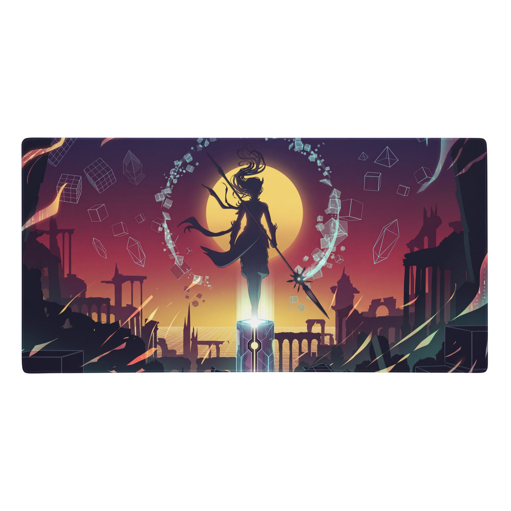 Rectangular vaporwave sunset neon mouse pad with anime warrior on glowing pedestal and vibrant purple pink yellow design