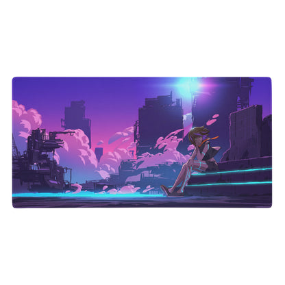 Purple and pink neon-lit cyberpunk cityscape gaming mouse pad with anime character on industrial ruins vaporwave design