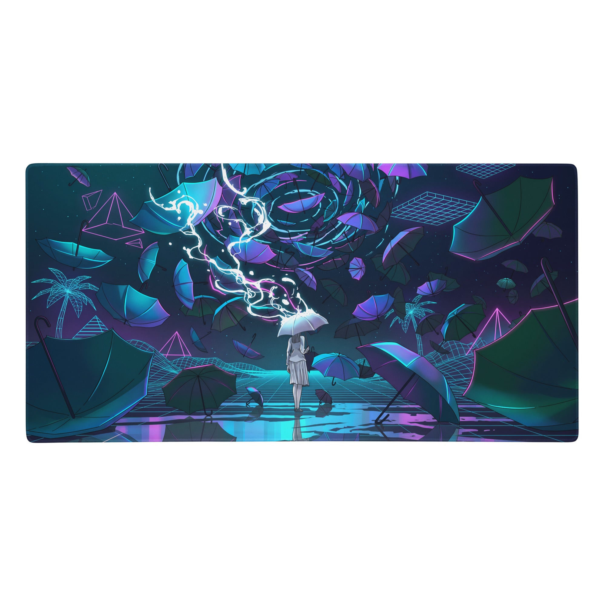 Vaporwave neon umbrella desktop pad featuring a blue pink nebula-themed cyberpunk scene with glowing umbrellas and neon lights
